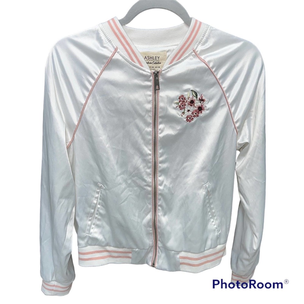 Ashley By 26 International White & Pink Satin Bomber Jacket Size Medium